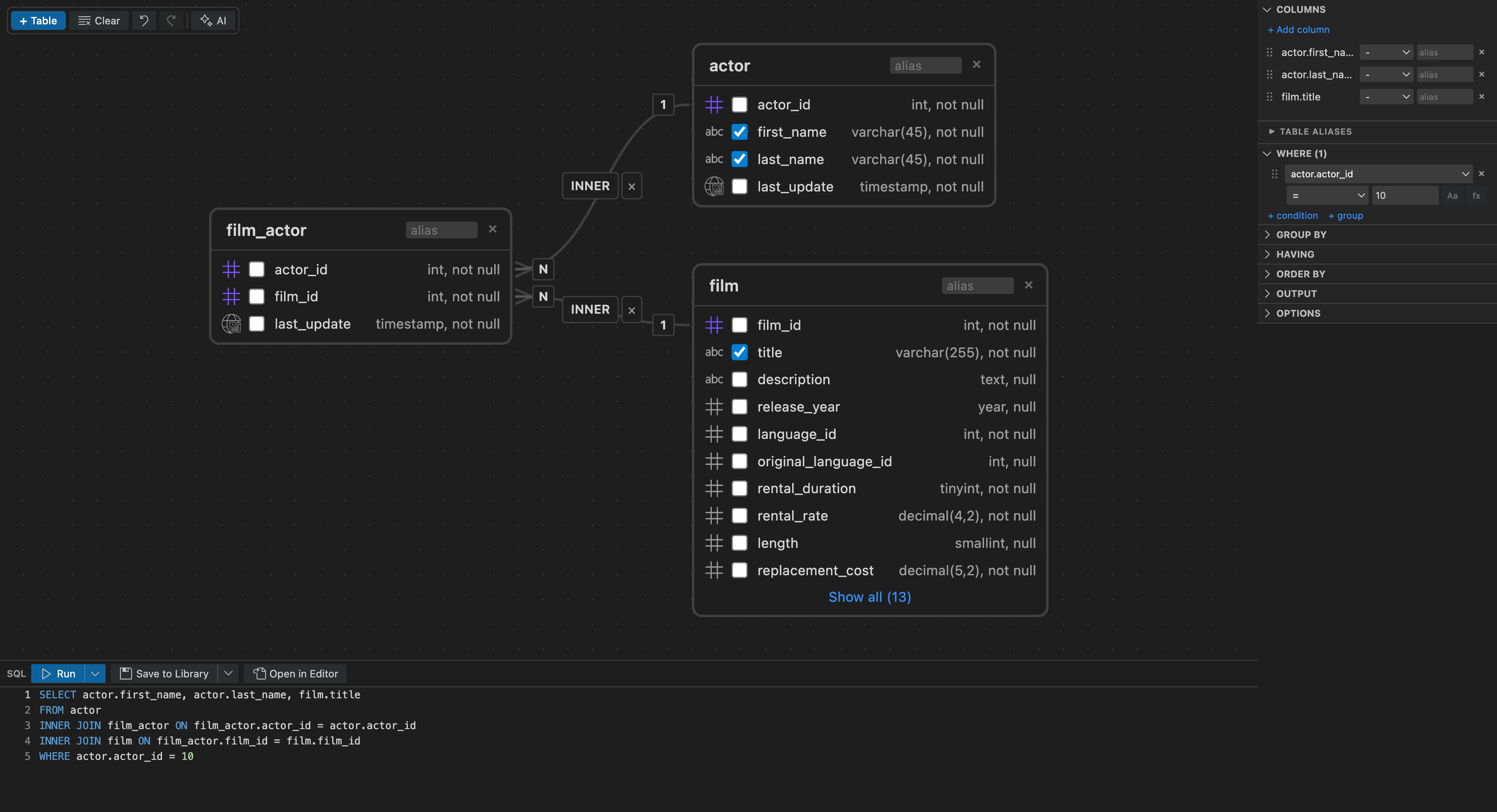 Query Builder interface showing three joined tables, selected columns, a filter, and generated SQL