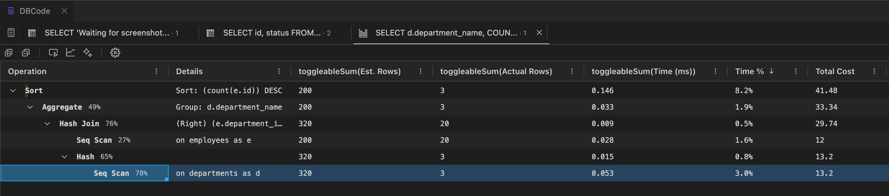 Plan Explorer table view showing execution plan nodes