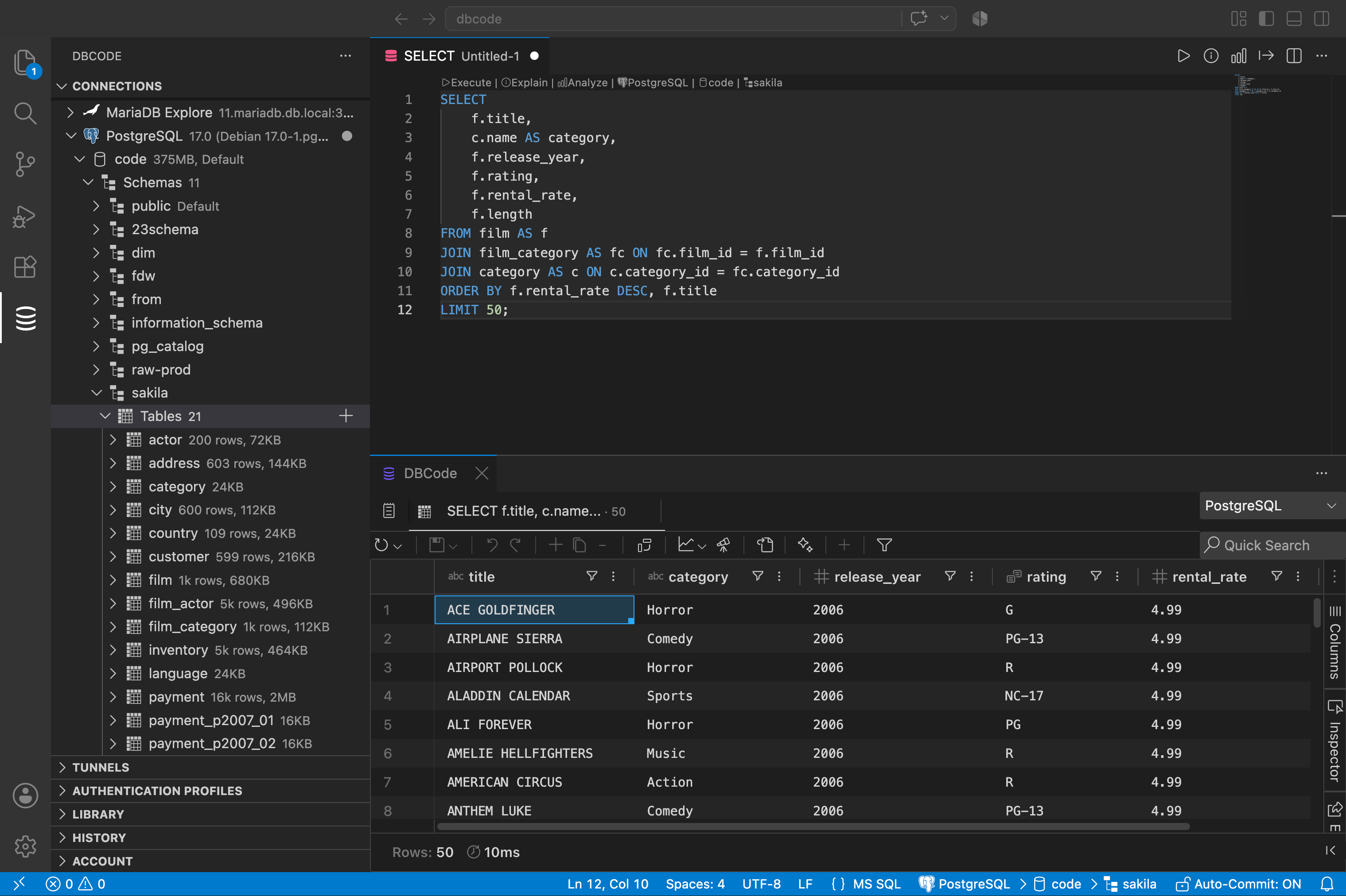 DBCode SQL editor with query results in VS Code