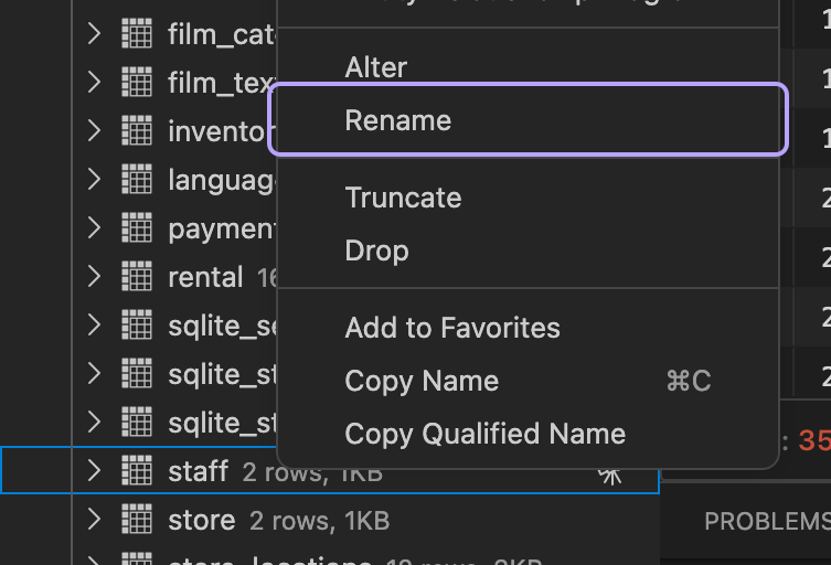Rename table option