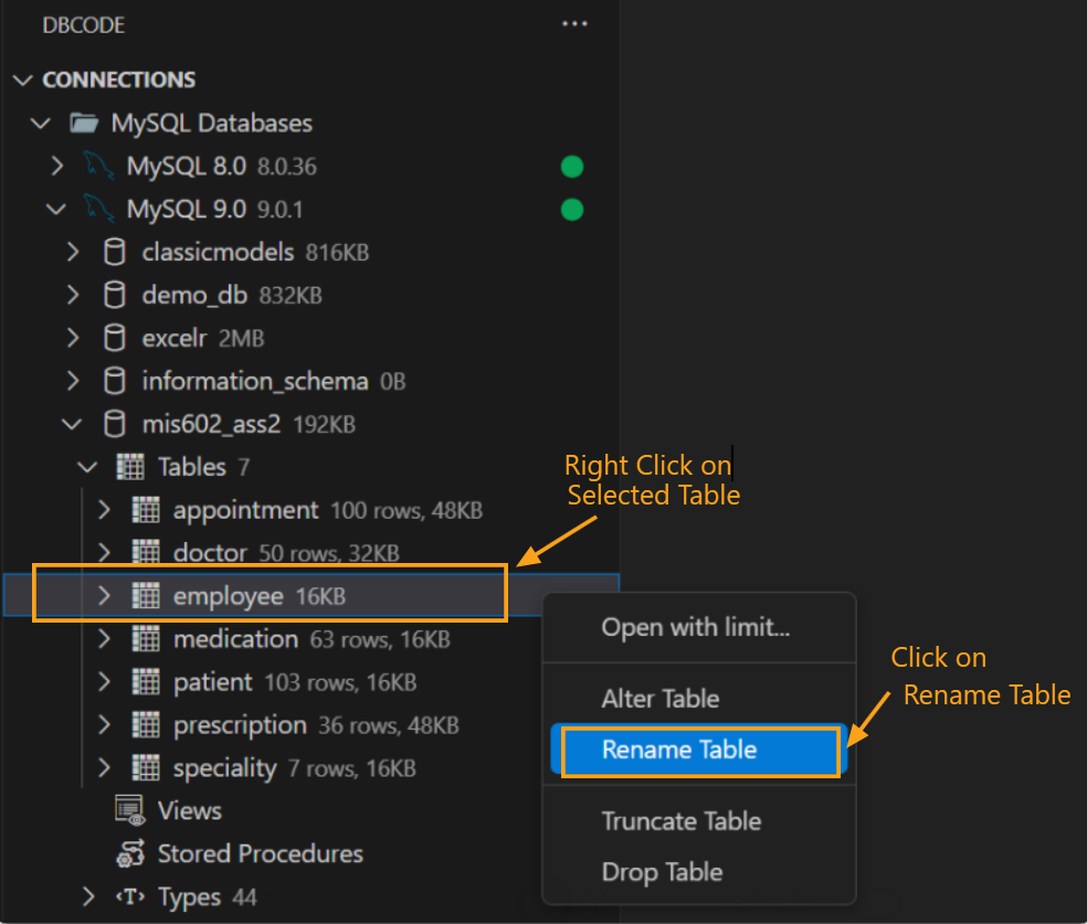 Rename table option