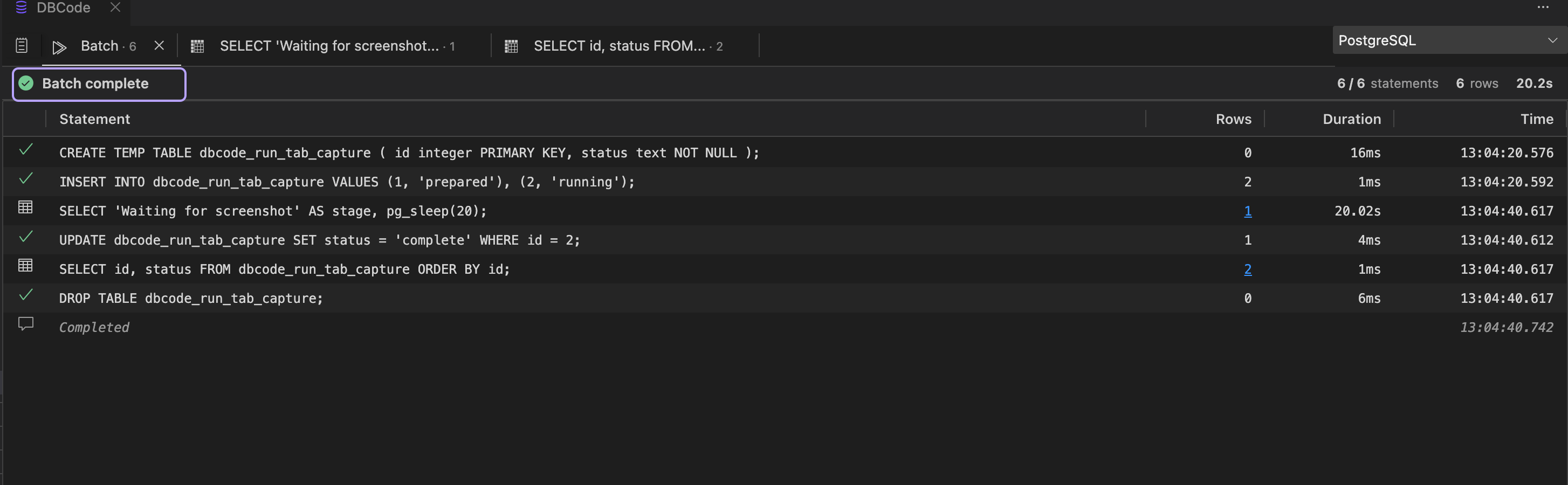 Completed Run tab showing six statements, affected rows, durations, and completion status