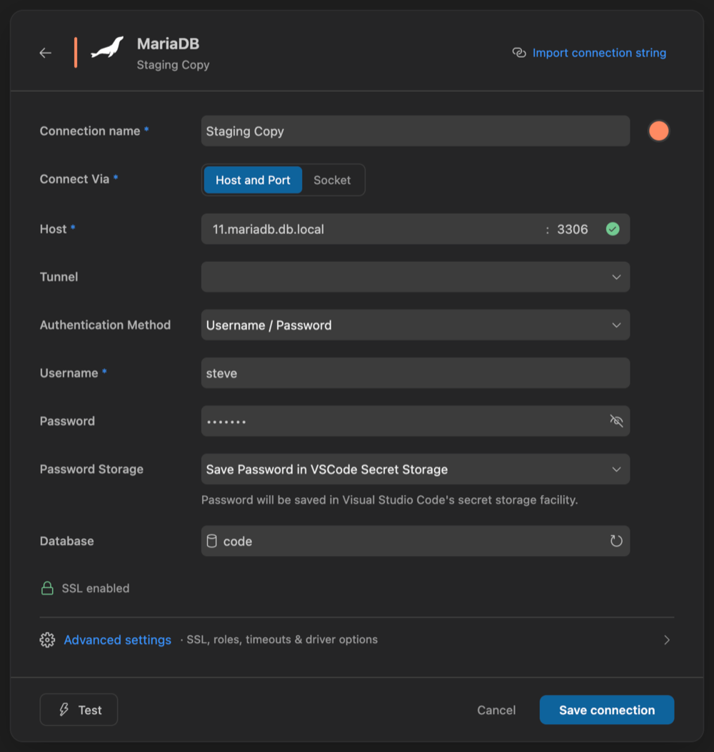 New Connection form with pre-filled settings from the copied connection