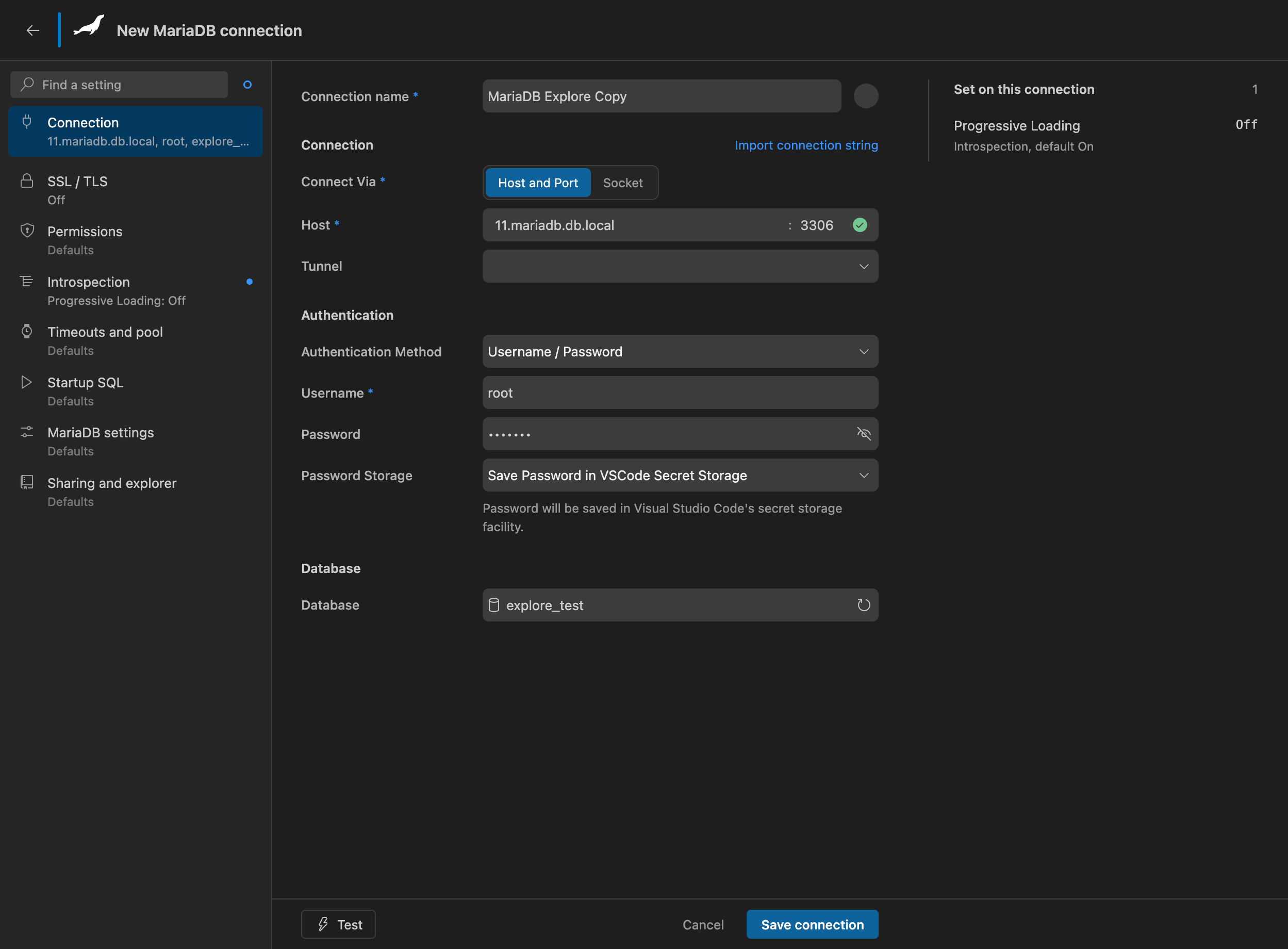 New Connection form with pre-filled settings from the copied connection