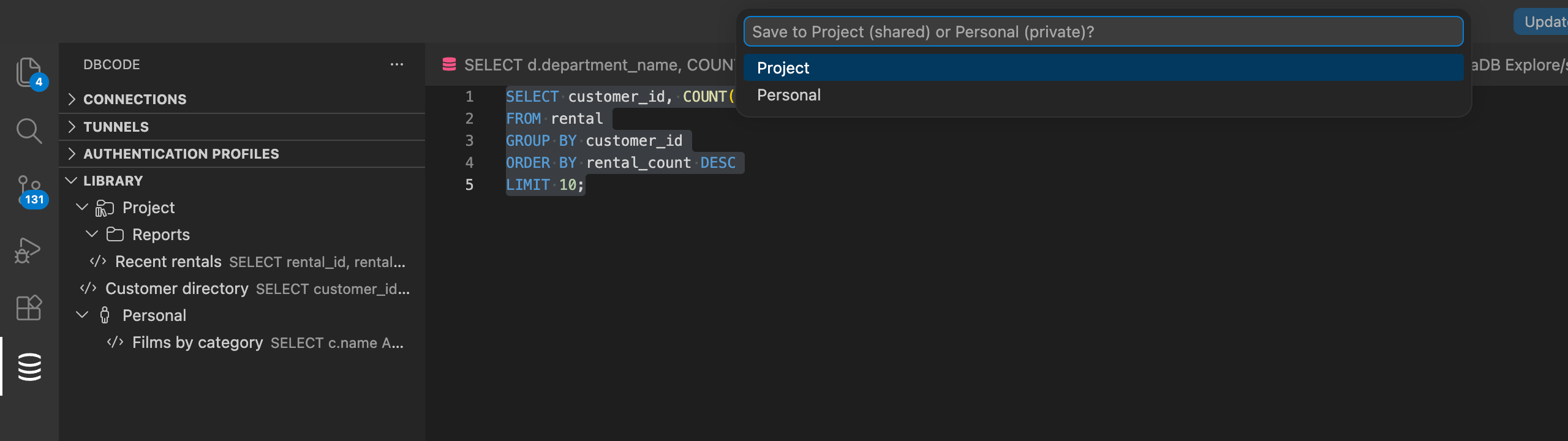 Scope picker for saving selected SQL to the Project or Personal library