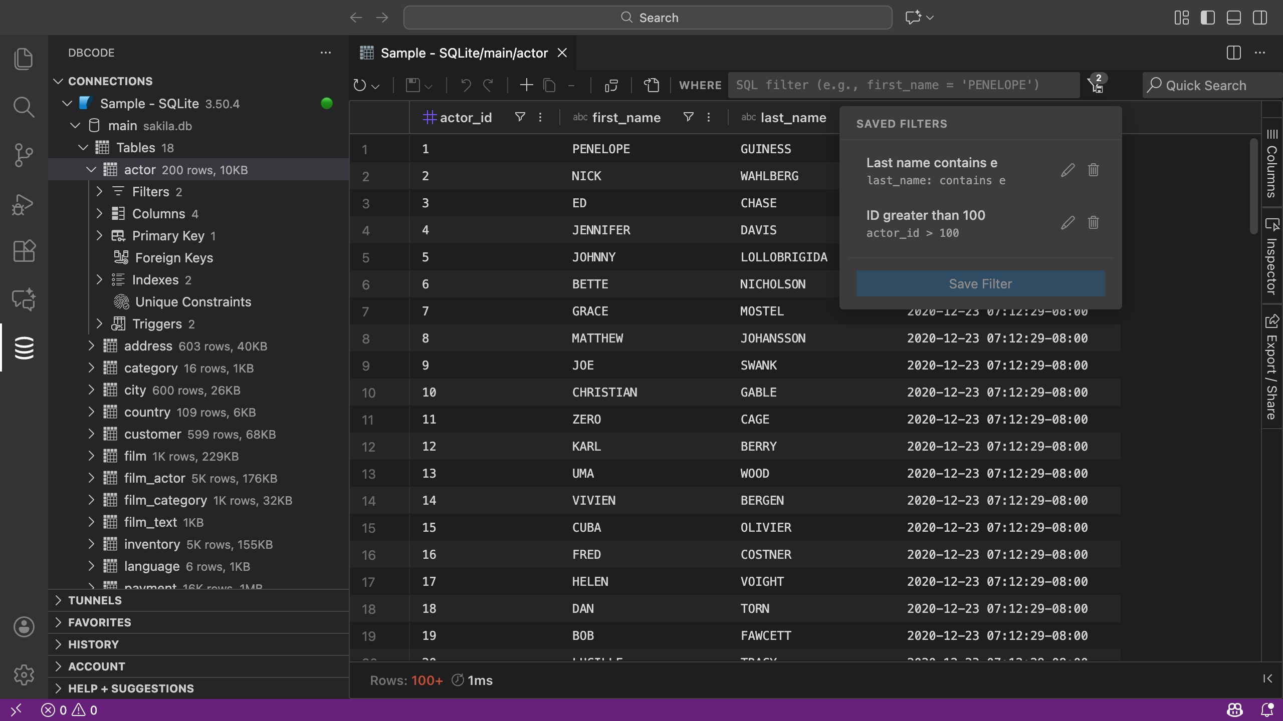 Saved filters menu