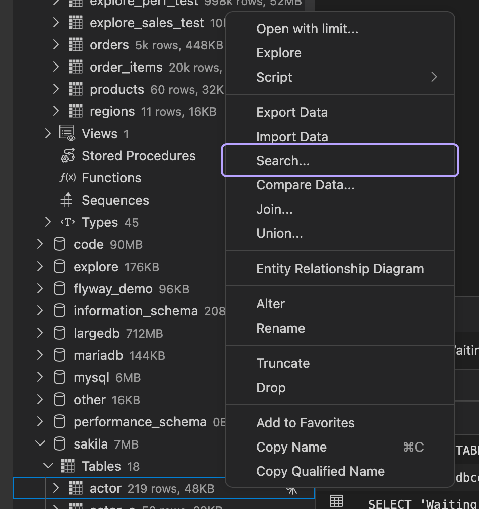 Actor table context menu with Search highlighted