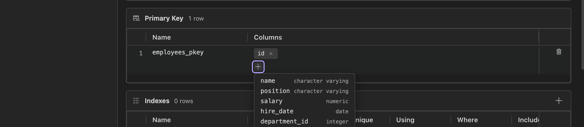 Primary key column picker showing available employee columns