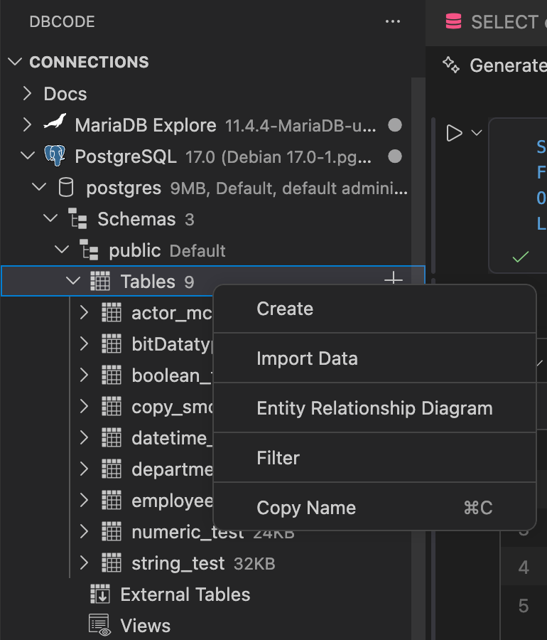 Create command in the Tables context menu