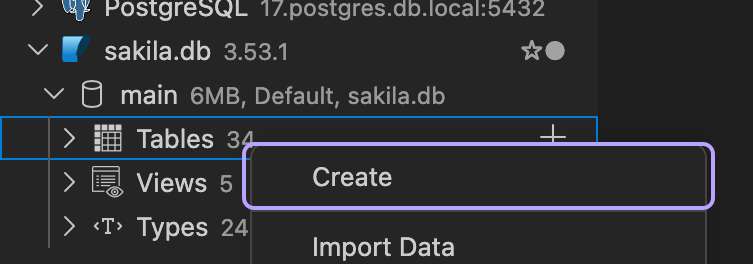 Tables context menu