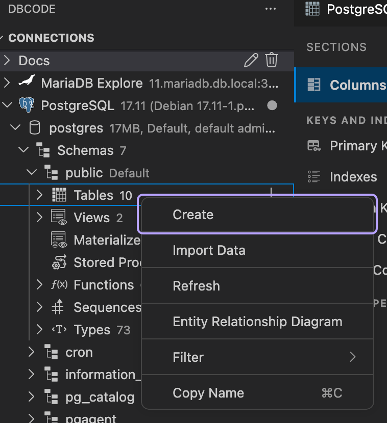 Create command in the Tables context menu