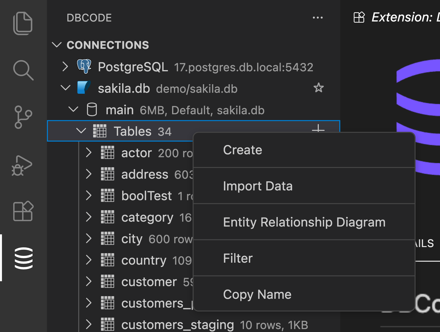 Tables context menu