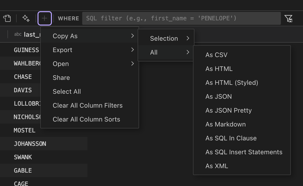 Toolbar pin menu showing Copy As options with the add action highlighted