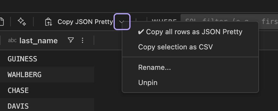 Grouped Copy toolbar button menu showing two pinned actions