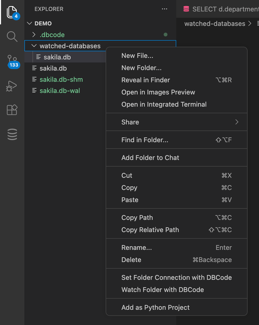 Watch Folder with DBCode in the VS Code Explorer context menu