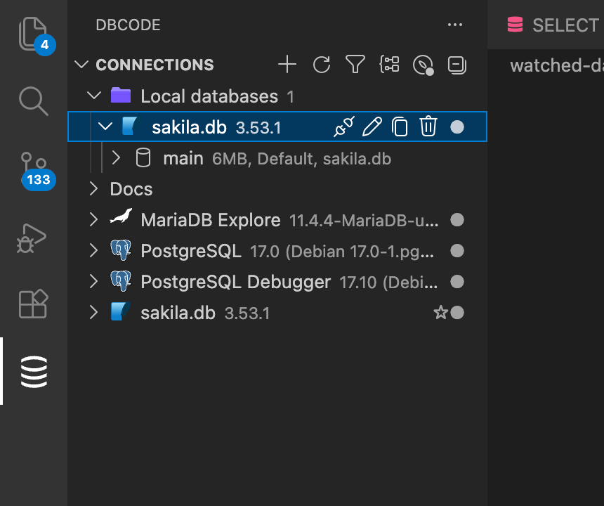 A watched folder expanded in the Connections view with a discovered SQLite database