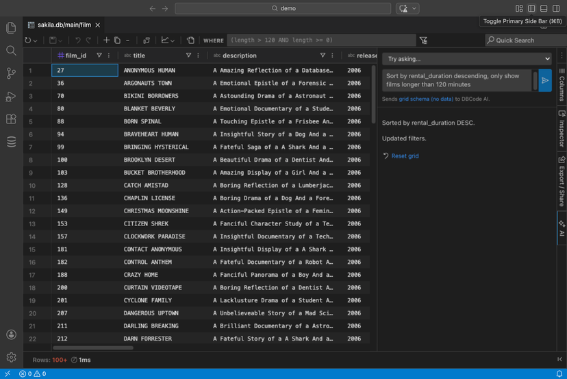 AI Assist panel open in the data grid sidebar with a natural language prompt