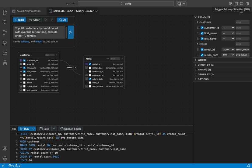 Query Builder with AI input bar showing a natural language prompt