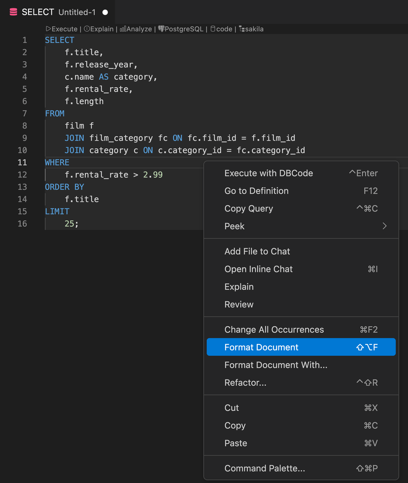 Formatting SQL code with right-click menu