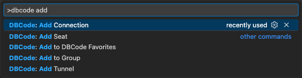 Command palette with DBCode commands