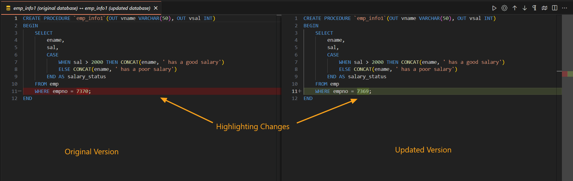 Comparing database versions