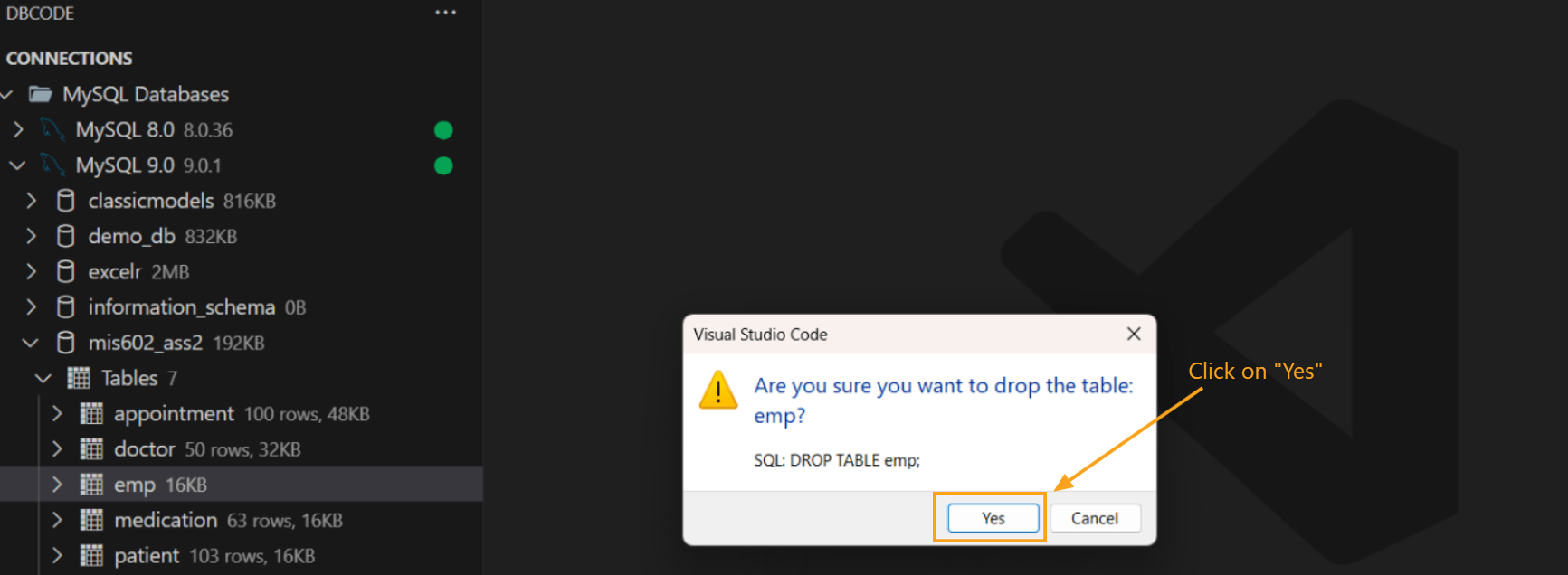 Drop table confirmation dialog