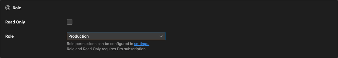Role section in connection settings showing Read Only checkbox and Production role selected