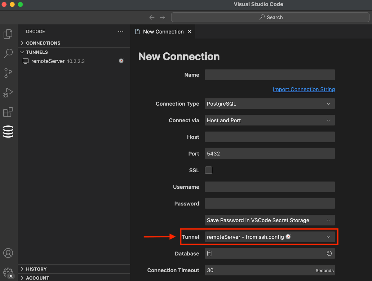 Using a tunnel in database connection