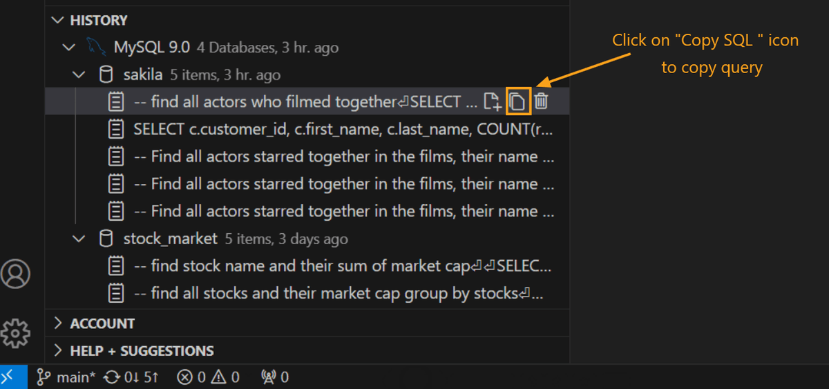 Copy a query from history