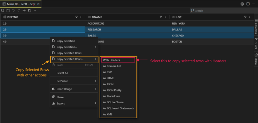 Copy selected rows with headers