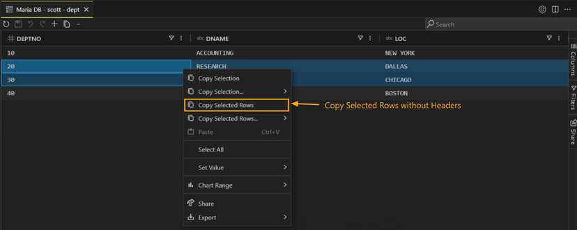 Copy selected rows menu
