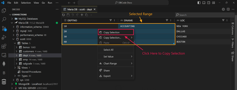 Copy selection menu