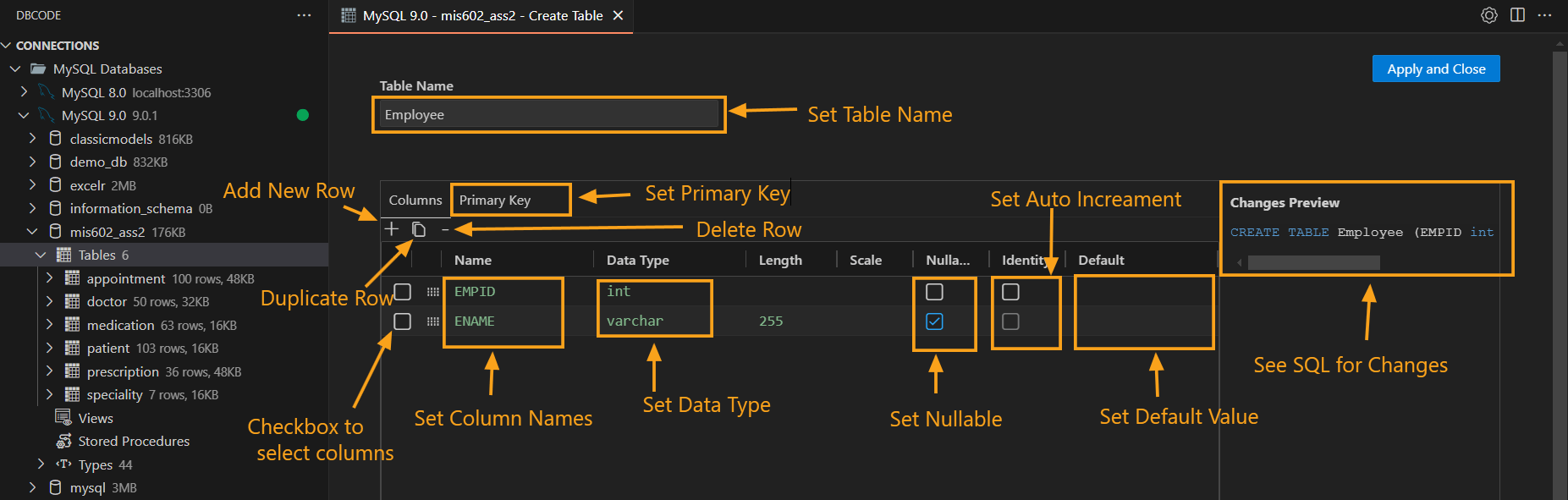 create table