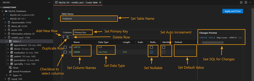 Create table interface