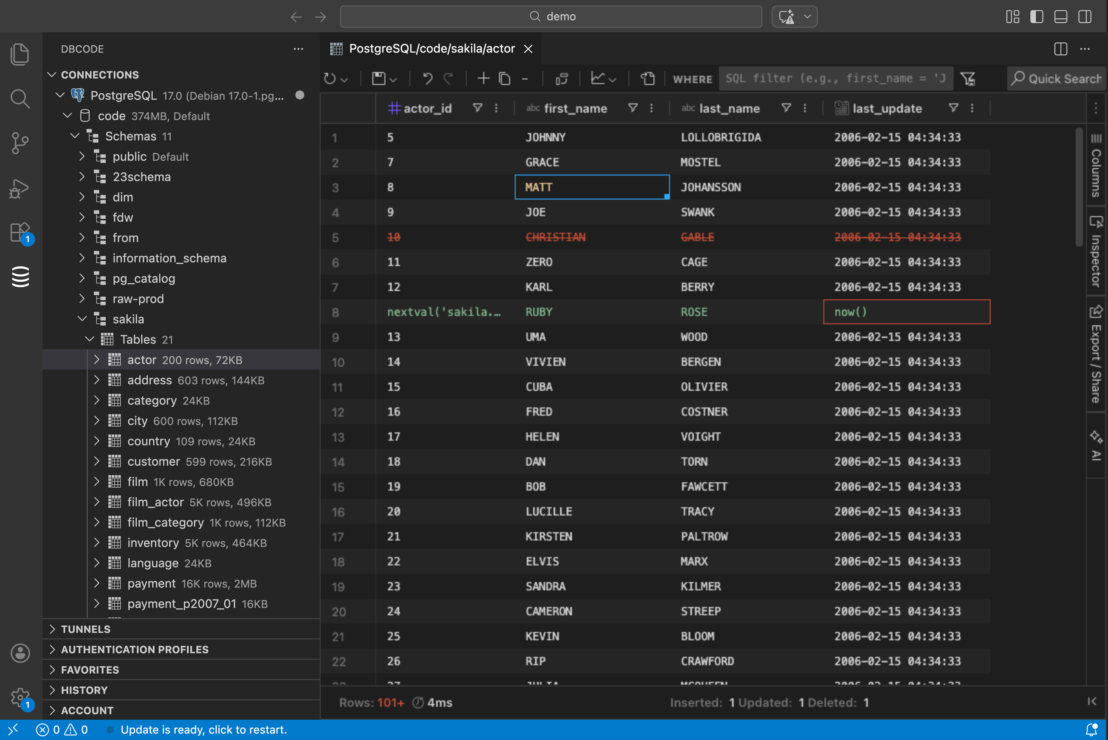 Data editor showing a table with inline editing in VS Code