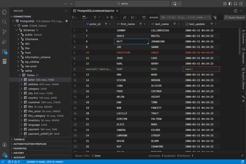 Data editor showing a table with inline editing in VS Code