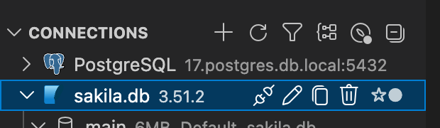 Selected connection showing toolbar icons including copy connection