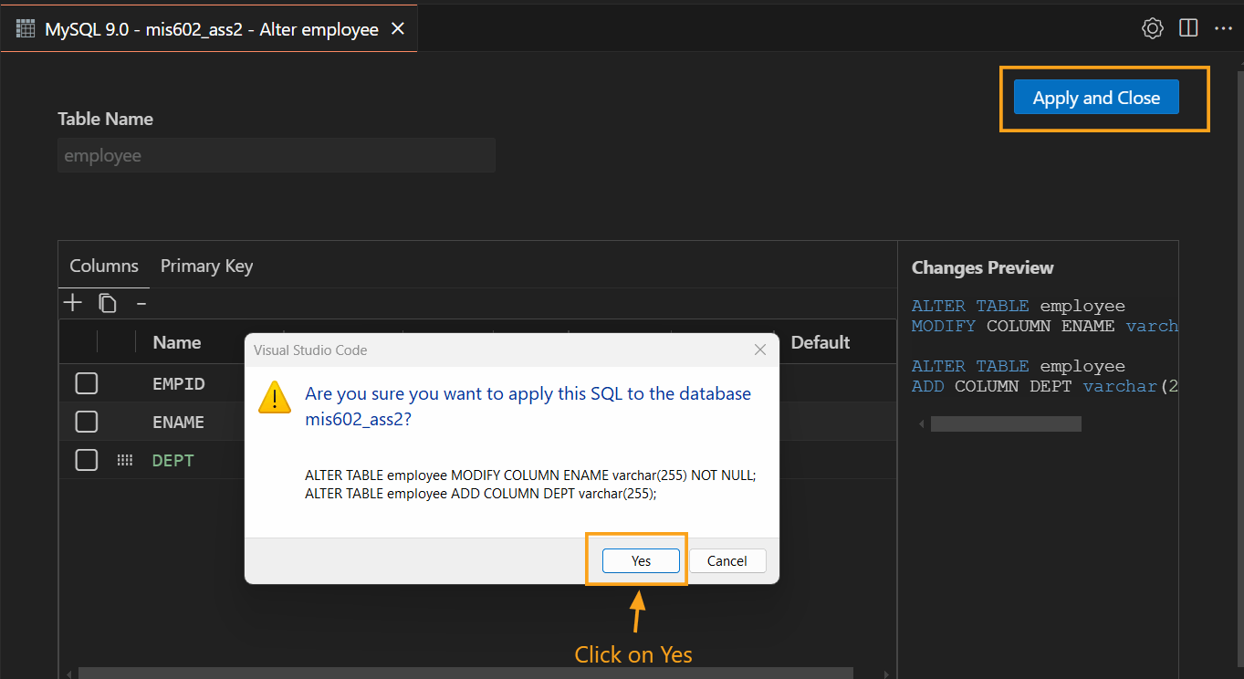 Apply changes confirmation