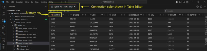 Color-coded editor tabs and SQL headers