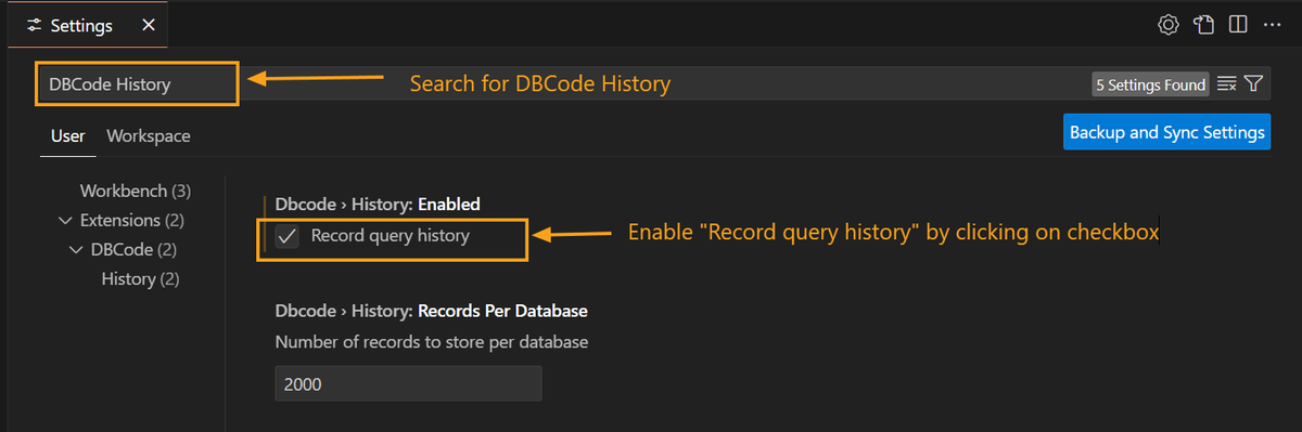 Enable history in settings