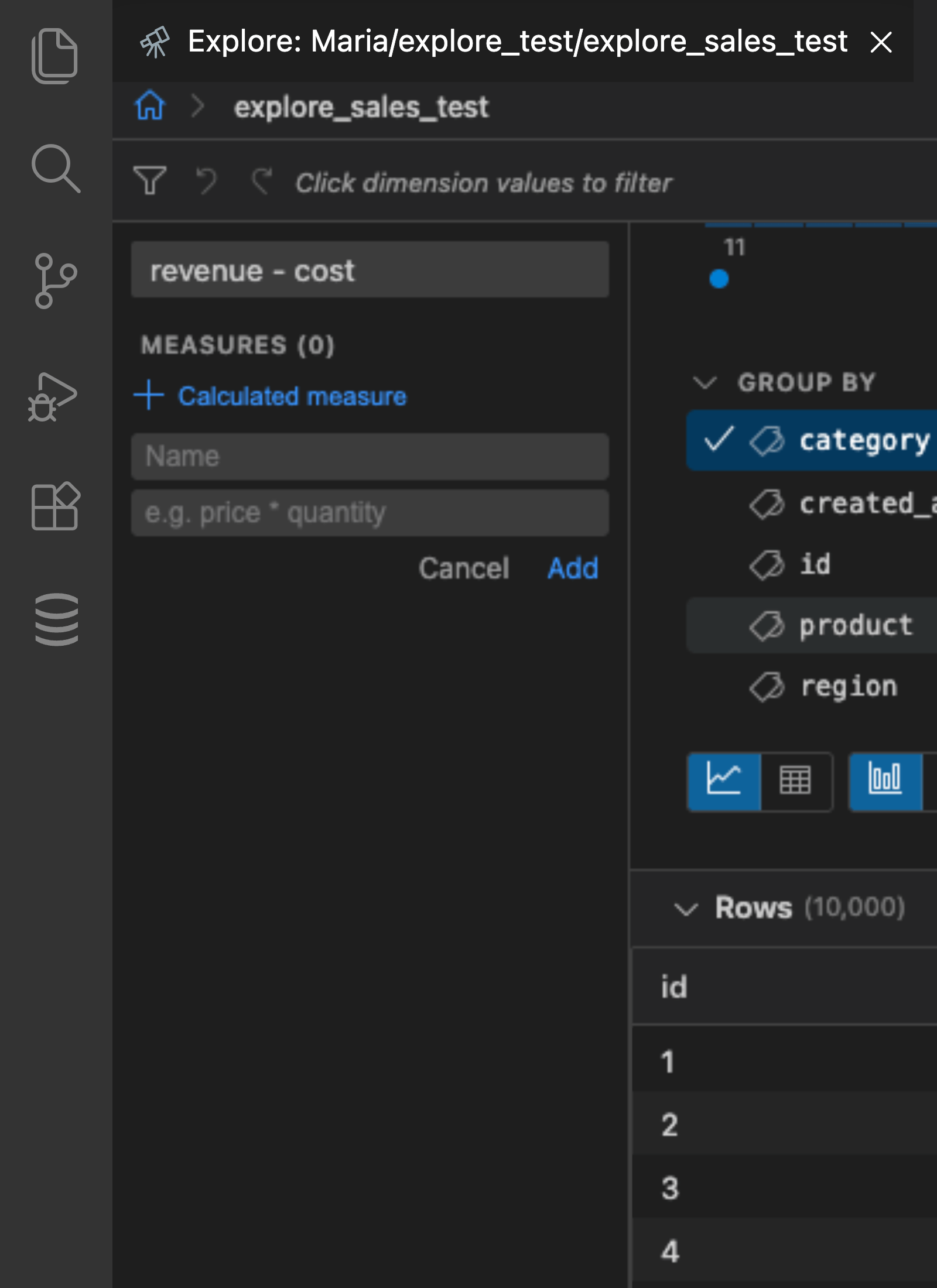 Calculated measure dialog with expression revenue minus cost entered
