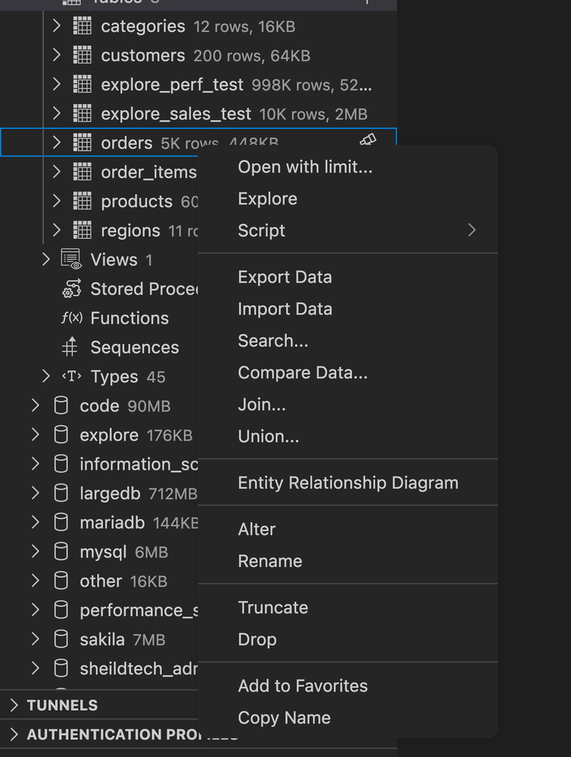Right-click context menu on a table showing the Explore option