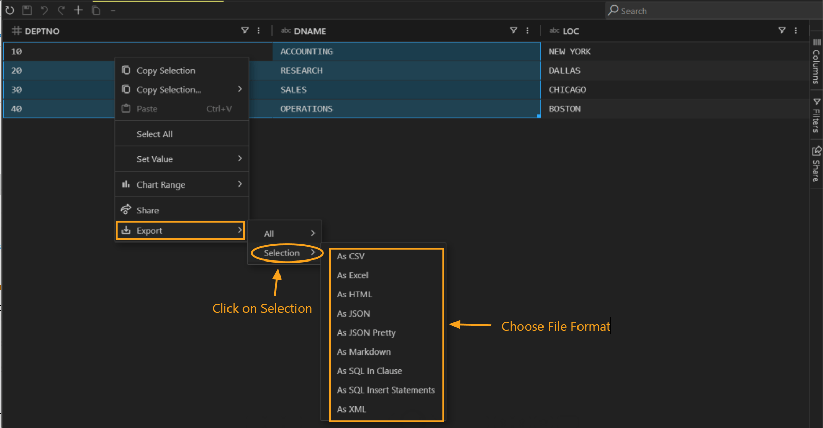 export selection