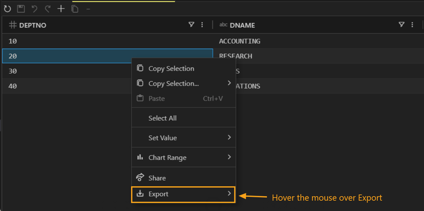 Export option in context menu