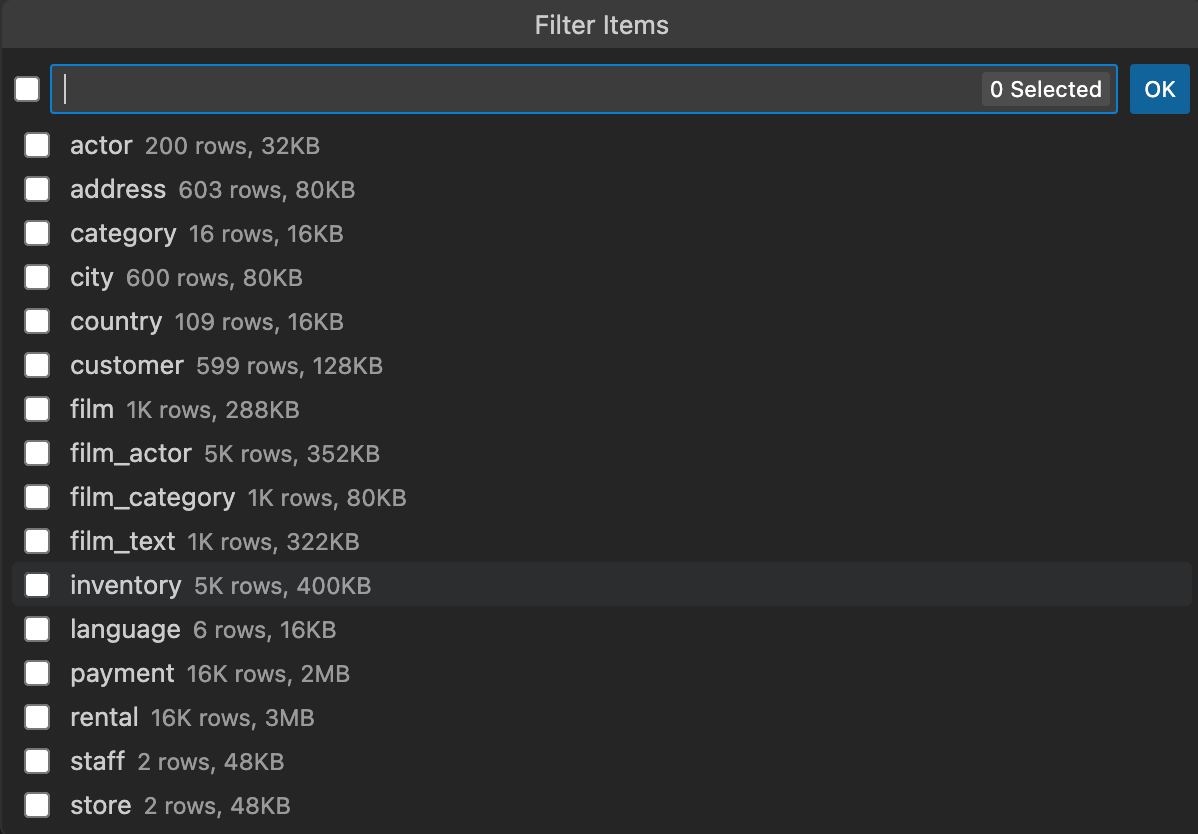 DB Explorer Filter in action