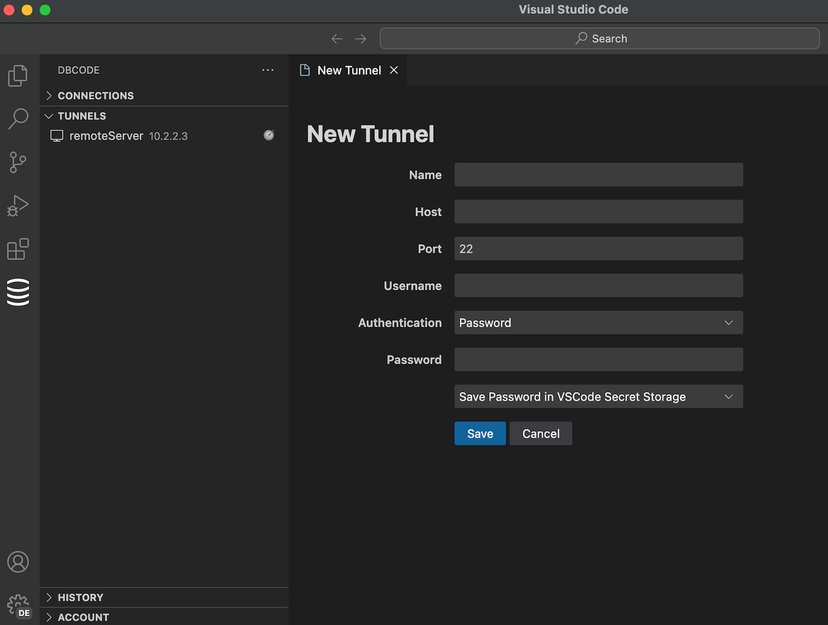 SSH tunnel configuration form