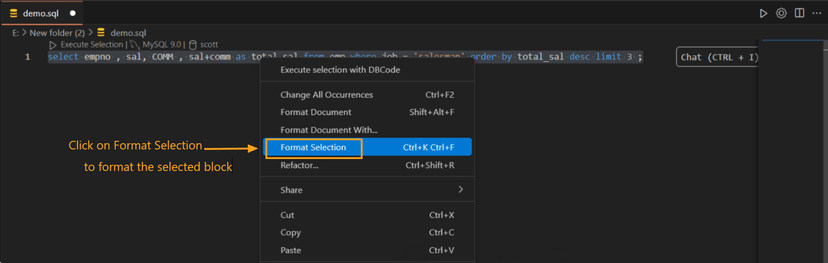 Formatting selected code