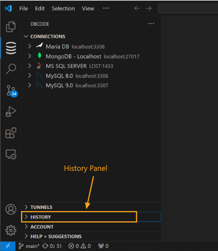 History panel in DBCode
