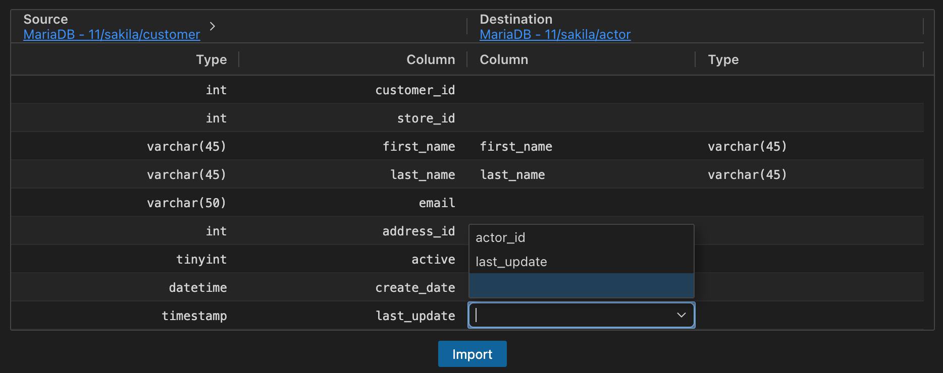 Import Column Mapping