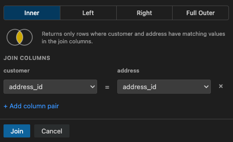 Join configuration modal showing join type and column mapping